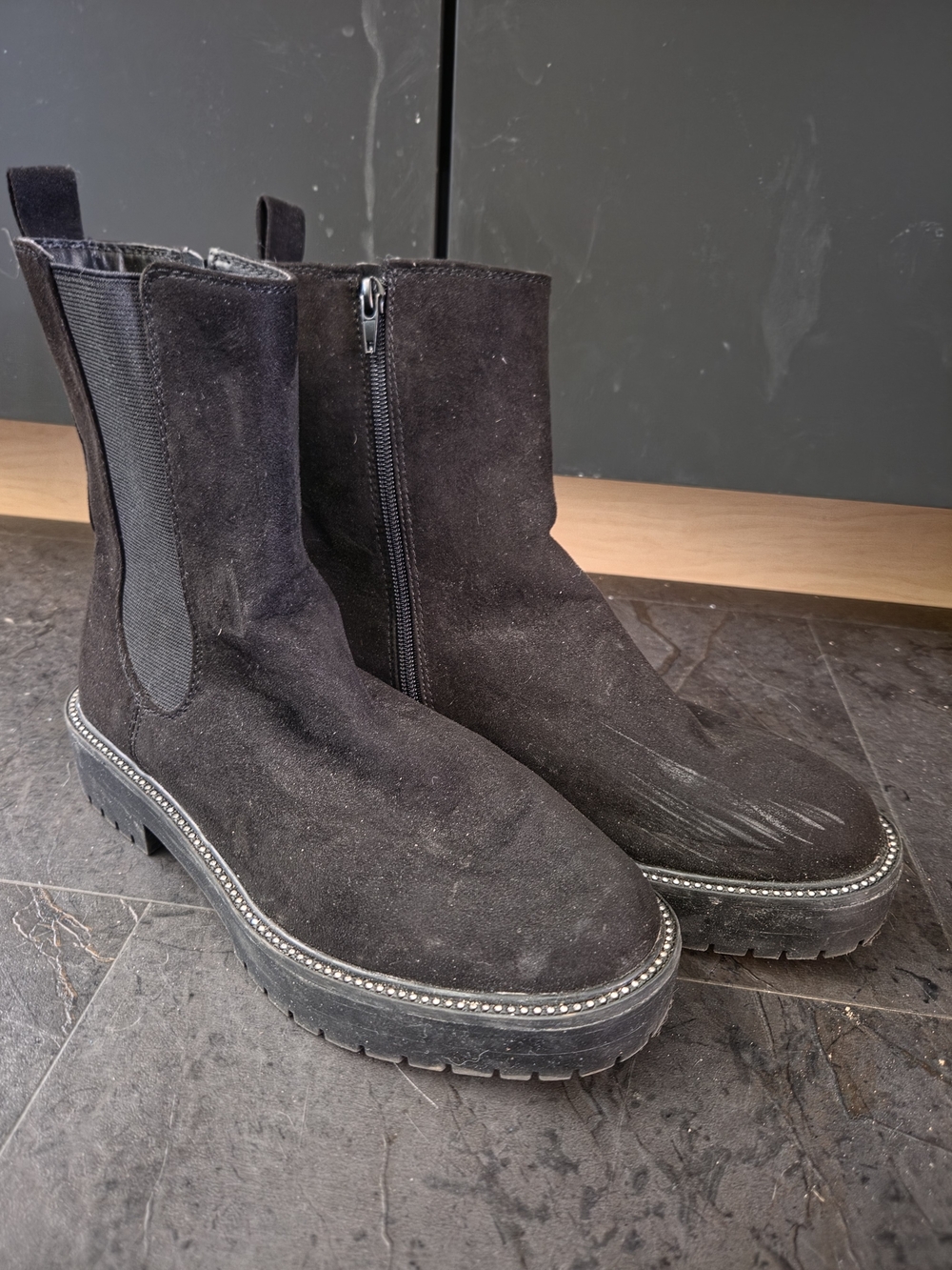 Black Suede Zip Chelsea Boots
